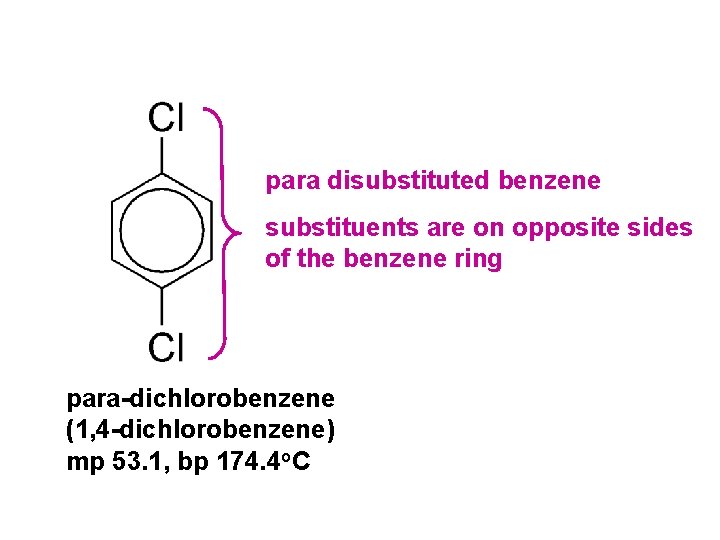 para disubstituted benzene substituents are on opposite sides of the benzene ring para-dichlorobenzene (1,