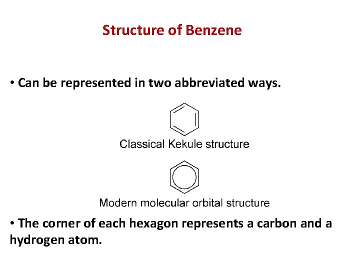 Structure of Benzene • Can be represented in two abbreviated ways. • The corner