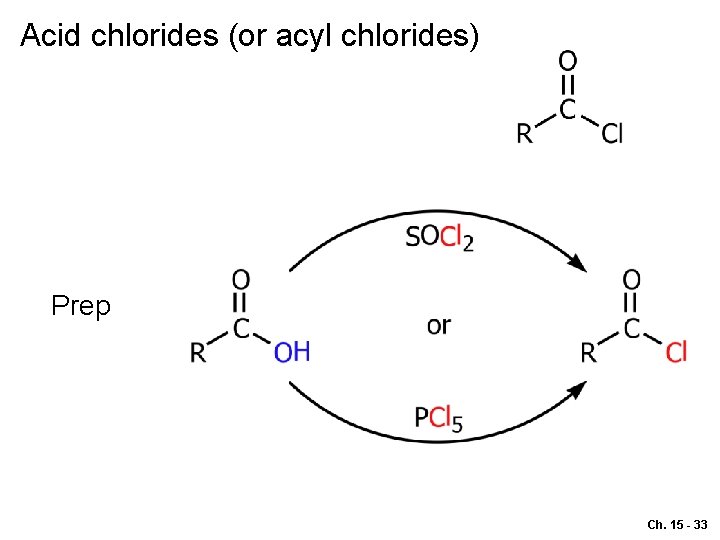 Acid chlorides (or acyl chlorides) Prep Ch. 15 - 33 