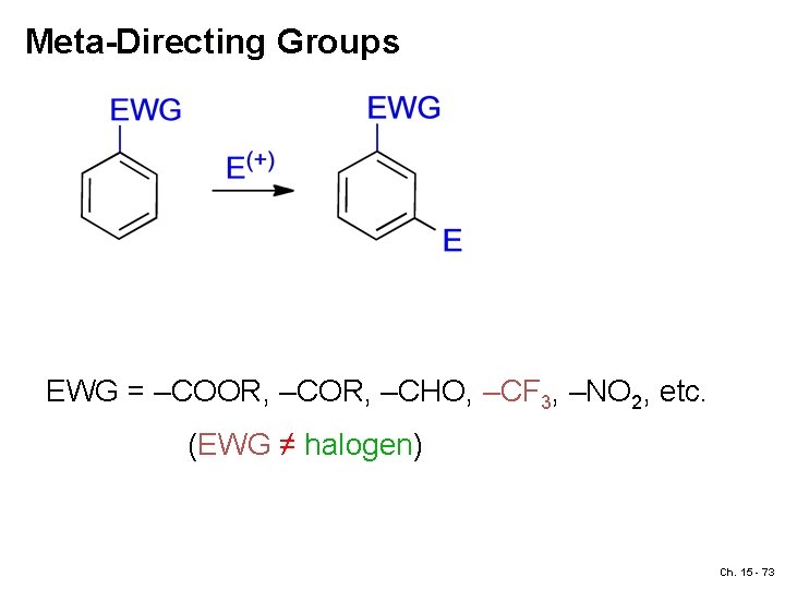 Meta-Directing Groups EWG = –COOR, –CHO, –CF 3, –NO 2, etc. (EWG ≠ halogen)