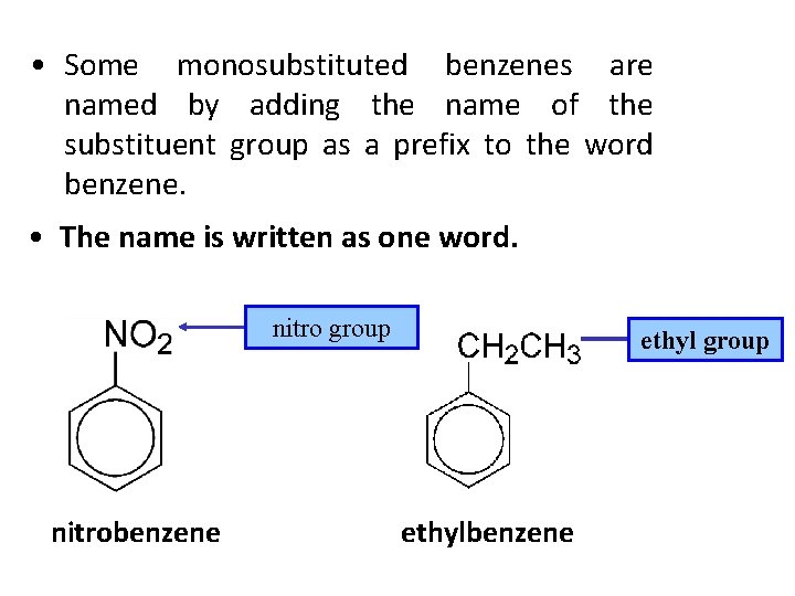  • Some monosubstituted benzenes are named by adding the name of the substituent