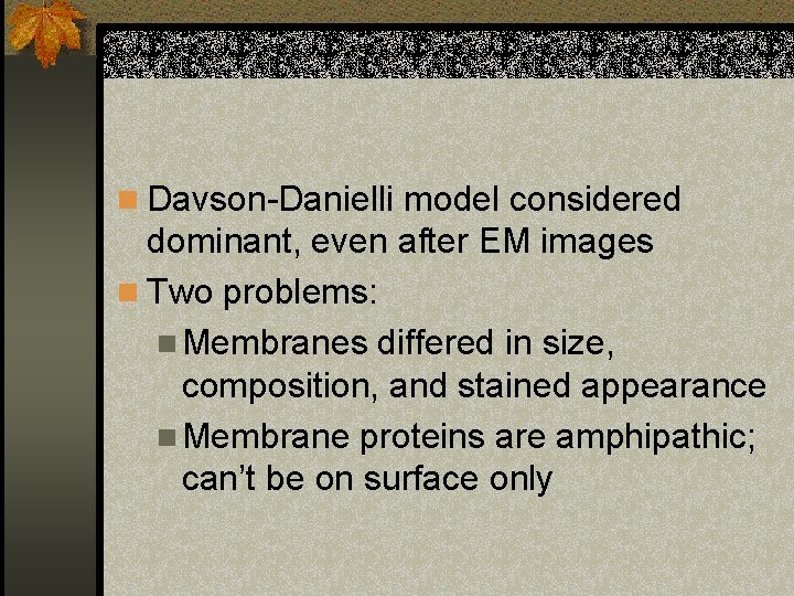n Davson-Danielli model considered dominant, even after EM images n Two problems: n Membranes