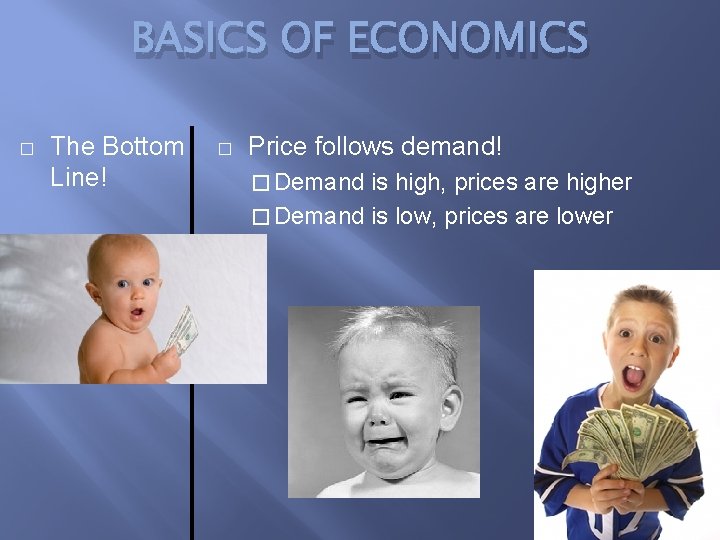 BASICS OF ECONOMICS � The Bottom Line! � Price follows demand! � Demand is