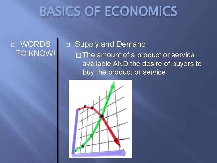 BASICS OF ECONOMICS WORDS TO KNOW! � � Supply and Demand � The amount