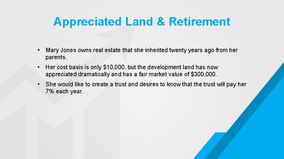 Appreciated Land & Retirement • Mary Jones owns real estate that she inherited twenty