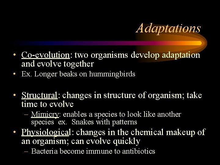 Adaptations • Co-evolution: two organisms develop adaptation and evolve together • Ex. Longer beaks