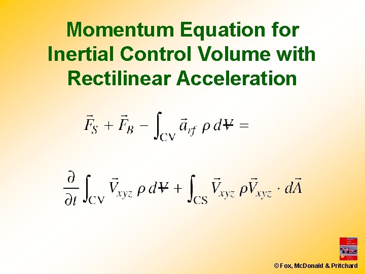 Momentum Equation for Inertial Control Volume with Rectilinear Acceleration © Fox, Mc. Donald &