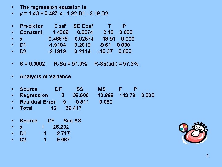  • • The regression equation is y = 1. 43 + 0. 487