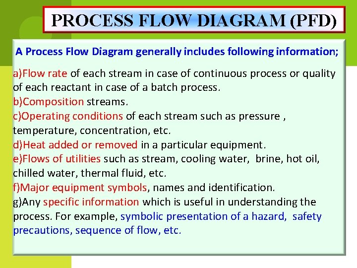 PROCESS FLOW DIAGRAM (PFD) A Process Flow Diagram generally includes following information; a)Flow rate