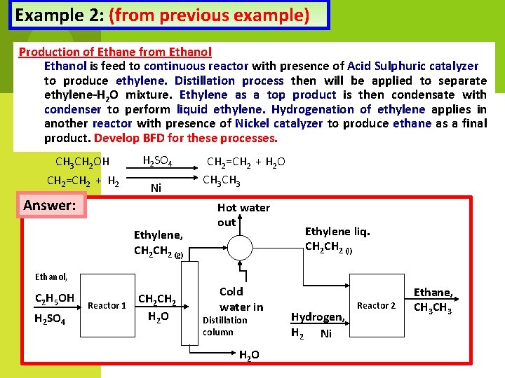 Example 2: (from previous example) Production of Ethane from Ethanol is feed to continuous