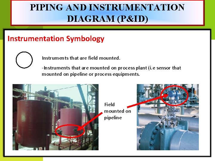 PIPING AND INSTRUMENTATION DIAGRAM (P&ID) Instrumentation Symbology Instruments that are field mounted. -Instruments that