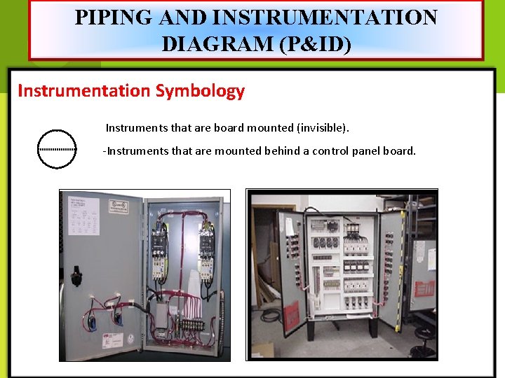 PIPING AND INSTRUMENTATION DIAGRAM (P&ID) Instrumentation Symbology Instruments that are board mounted (invisible). -Instruments