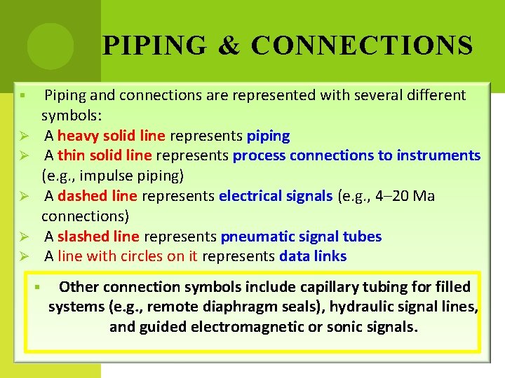 PIPING & CONNECTIONS Piping and connections are represented with several different symbols: A heavy