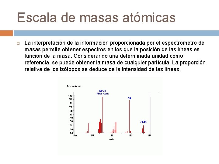 Escala de masas atómicas La interpretación de la información proporcionada por el espectrómetro de