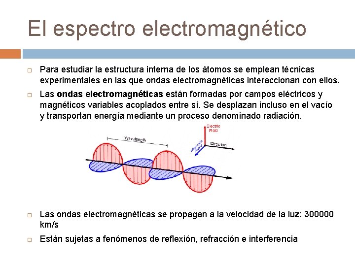 El espectro electromagnético Para estudiar la estructura interna de los átomos se emplean técnicas