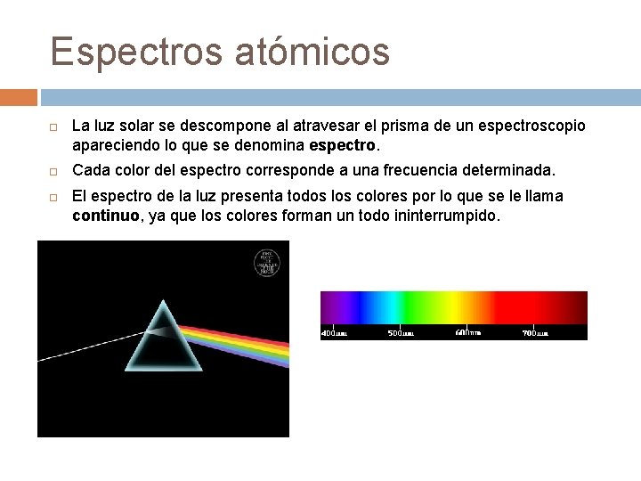 Espectros atómicos La luz solar se descompone al atravesar el prisma de un espectroscopio