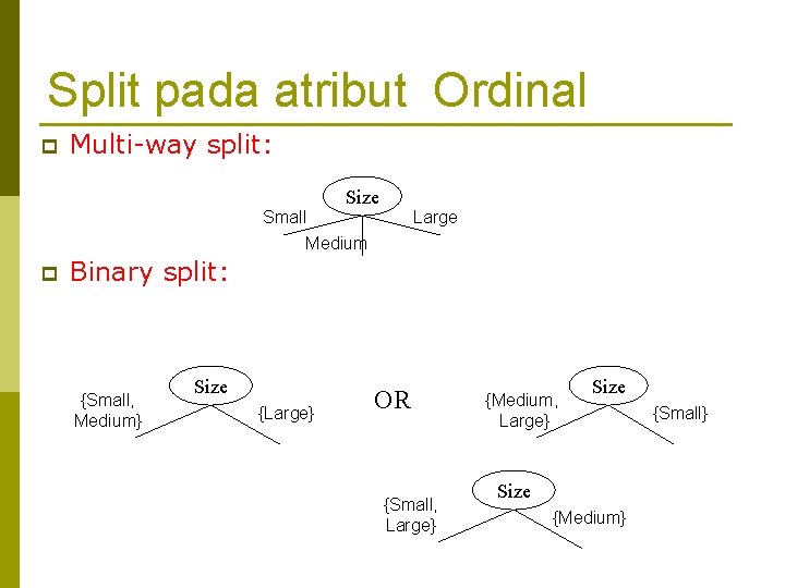 Split pada atribut Ordinal p Multi-way split: Size Small Medium p Large Binary split: