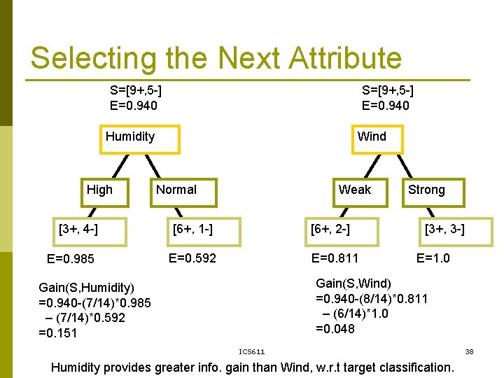 Selecting the Next Attribute S=[9+, 5 -] E=0. 940 Humidity High [3+, 4 -]