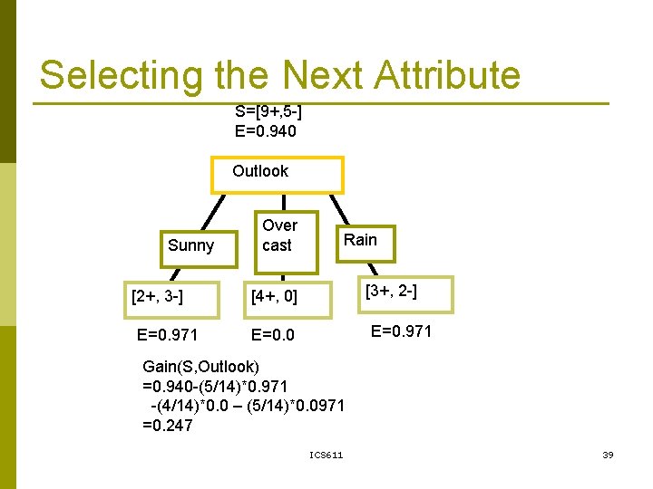 Selecting the Next Attribute S=[9+, 5 -] E=0. 940 Outlook Sunny [2+, 3 -]