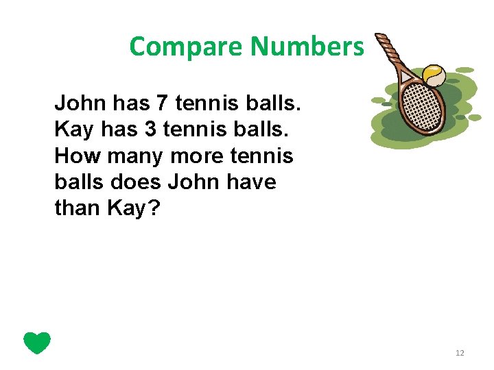 Compare Numbers John has 7 tennis balls. Kay has 3 tennis balls. How many