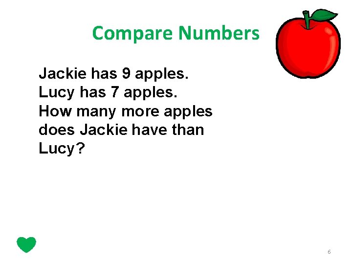 Compare Numbers Jackie has 9 apples. Lucy has 7 apples. How many more apples