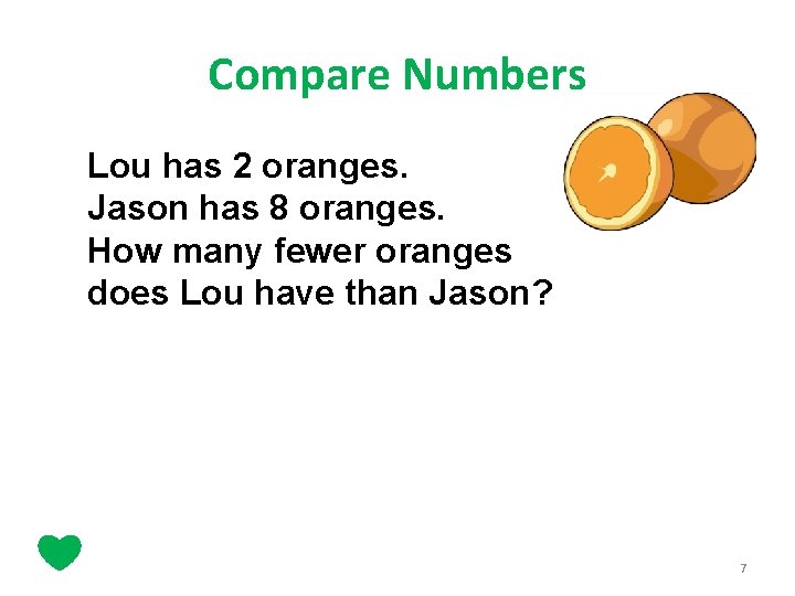 Compare Numbers Lou has 2 oranges. Jason has 8 oranges. How many fewer oranges