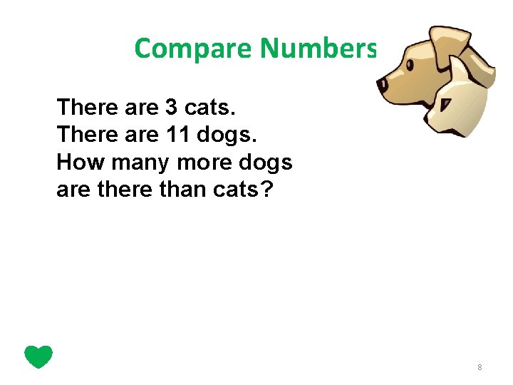 Compare Numbers There are 3 cats. There are 11 dogs. How many more dogs