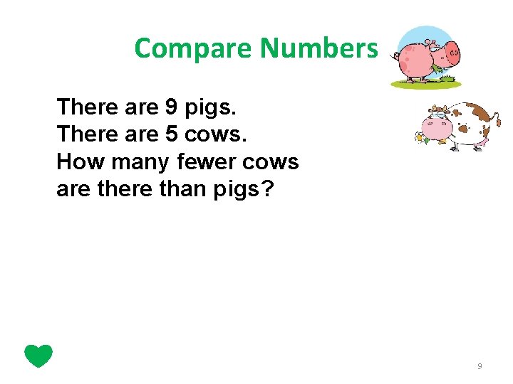 Compare Numbers There are 9 pigs. There are 5 cows. How many fewer cows