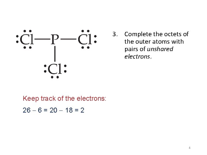 3. Complete the octets of the outer atoms with pairs of unshared electrons. Keep