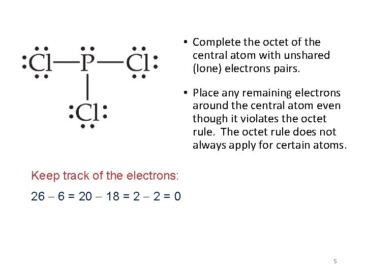  • Complete the octet of the central atom with unshared (lone) electrons pairs.