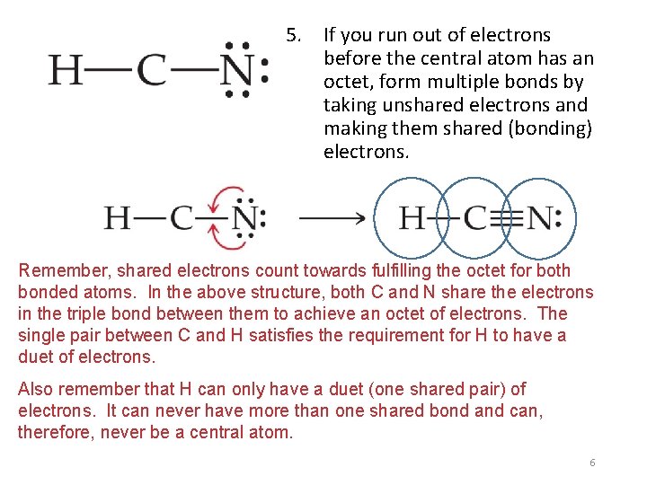 5. If you run out of electrons before the central atom has an octet,