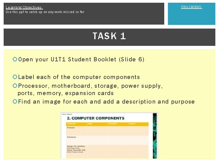 Key Jargon: Learning Objectives: Use this ppt to catch up on any work missed