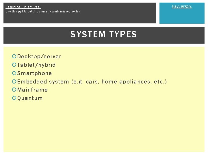 Key Jargon: Learning Objectives: Use this ppt to catch up on any work missed