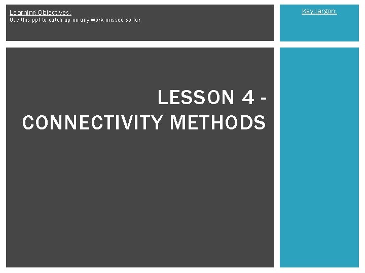 Learning Objectives: Use this ppt to catch up on any work missed so far