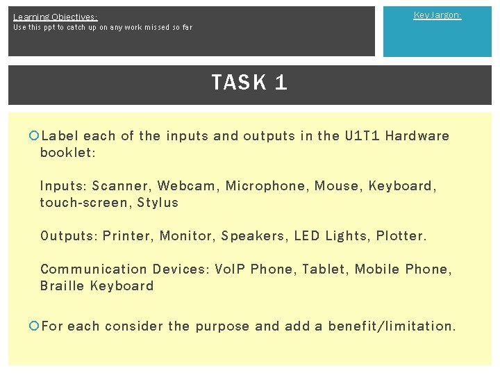 Key Jargon: Learning Objectives: Use this ppt to catch up on any work missed
