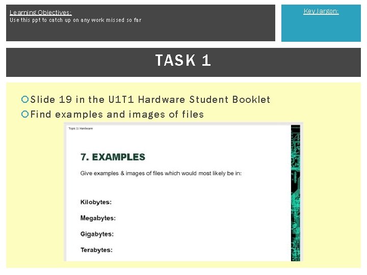 Key Jargon: Learning Objectives: Use this ppt to catch up on any work missed