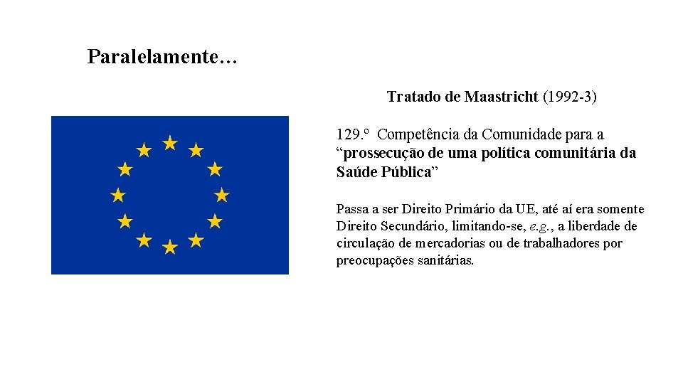 Paralelamente… Tratado de Maastricht (1992 -3) 129. º Competência da Comunidade para a “prossecução