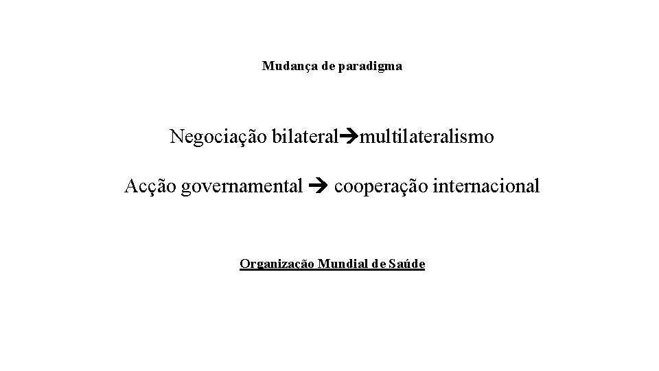 Mudança de paradigma Negociação bilateral multilateralismo Acção governamental cooperação internacional Organização Mundial de Saúde