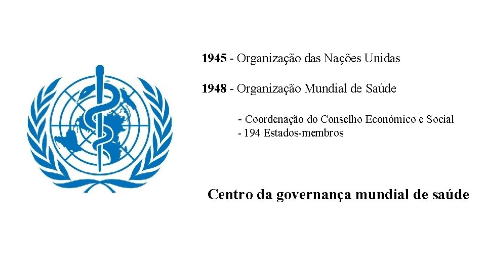 1945 - Organização das Nações Unidas 1948 - Organização Mundial de Saúde - Coordenação