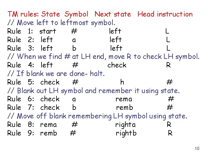 TM rules: State Symbol Next state Head instruction // Move left to leftmost symbol.
