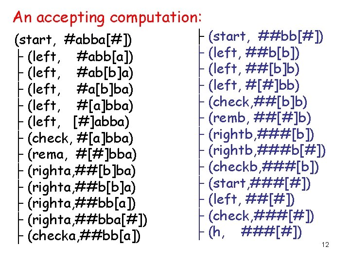 An accepting computation: (start, #abba[#]) ├ (left, #abb[a]) ├ (left, #ab[b]a) ├ (left, #a[b]ba)