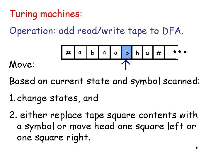 Turing machines: Operation: add read/write tape to DFA. Move: Based on current state and