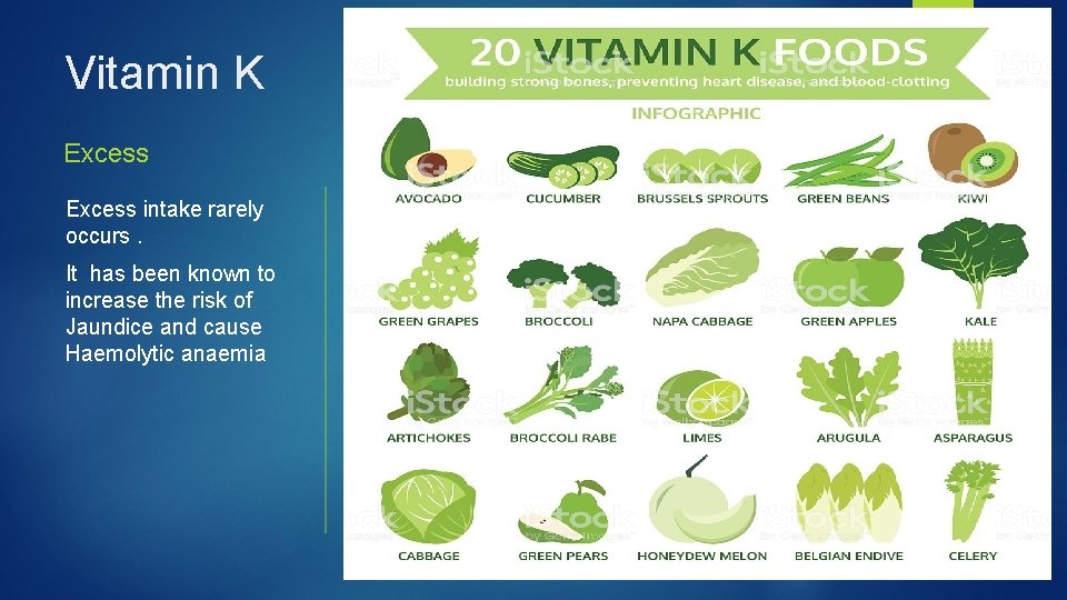 Vitamin K Excess intake rarely occurs. It has been known to increase the risk