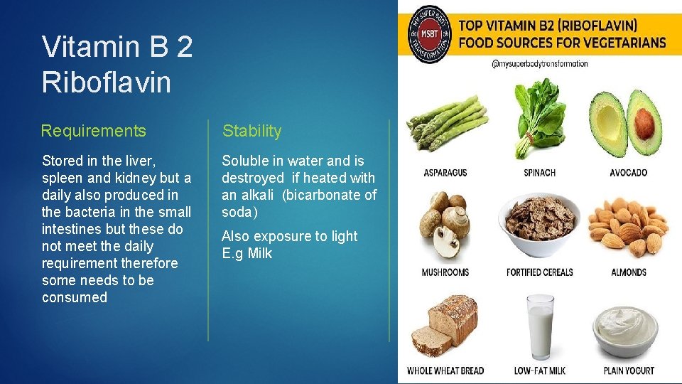 Vitamin B 2 Riboflavin Requirements Stability Stored in the liver, spleen and kidney but