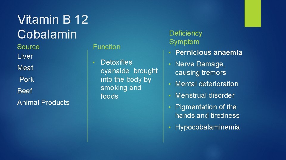 Vitamin B 12 Cobalamin Source Liver Meat Pork Beef Animal Products Function • Detoxifies