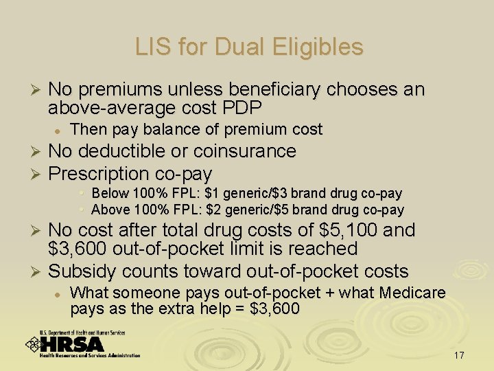 LIS for Dual Eligibles Ø No premiums unless beneficiary chooses an above-average cost PDP