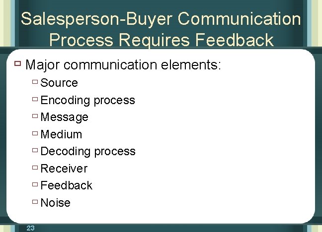 Salesperson-Buyer Communication Process Requires Feedback ù Major communication elements: ù Source ù Encoding process