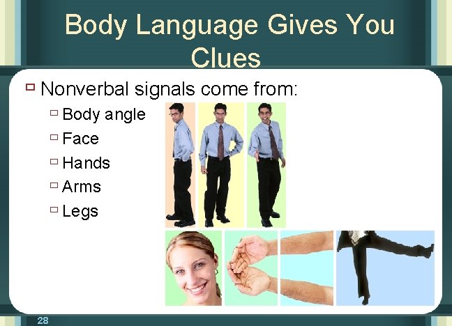 Body Language Gives You Clues ù Nonverbal signals come from: ù Body angle ù