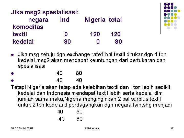 Jika msg 2 spesialisasi: negara Ind Nigeria total komoditas textil 0 120 kedelai 80