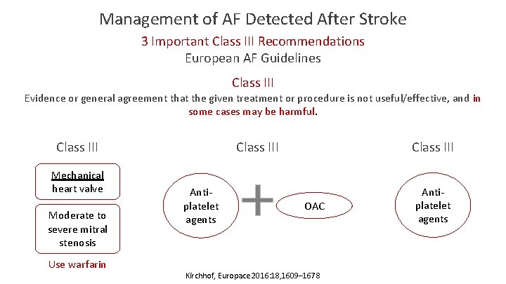 Management of AF Detected After Stroke 3 Important Class III Recommendations European AF Guidelines